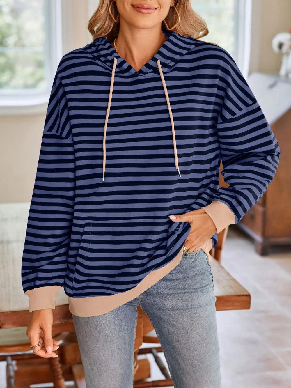 Lovelet Drawstring Striped Long Sleeve Hoodie | Hoodies Daverri Fashions