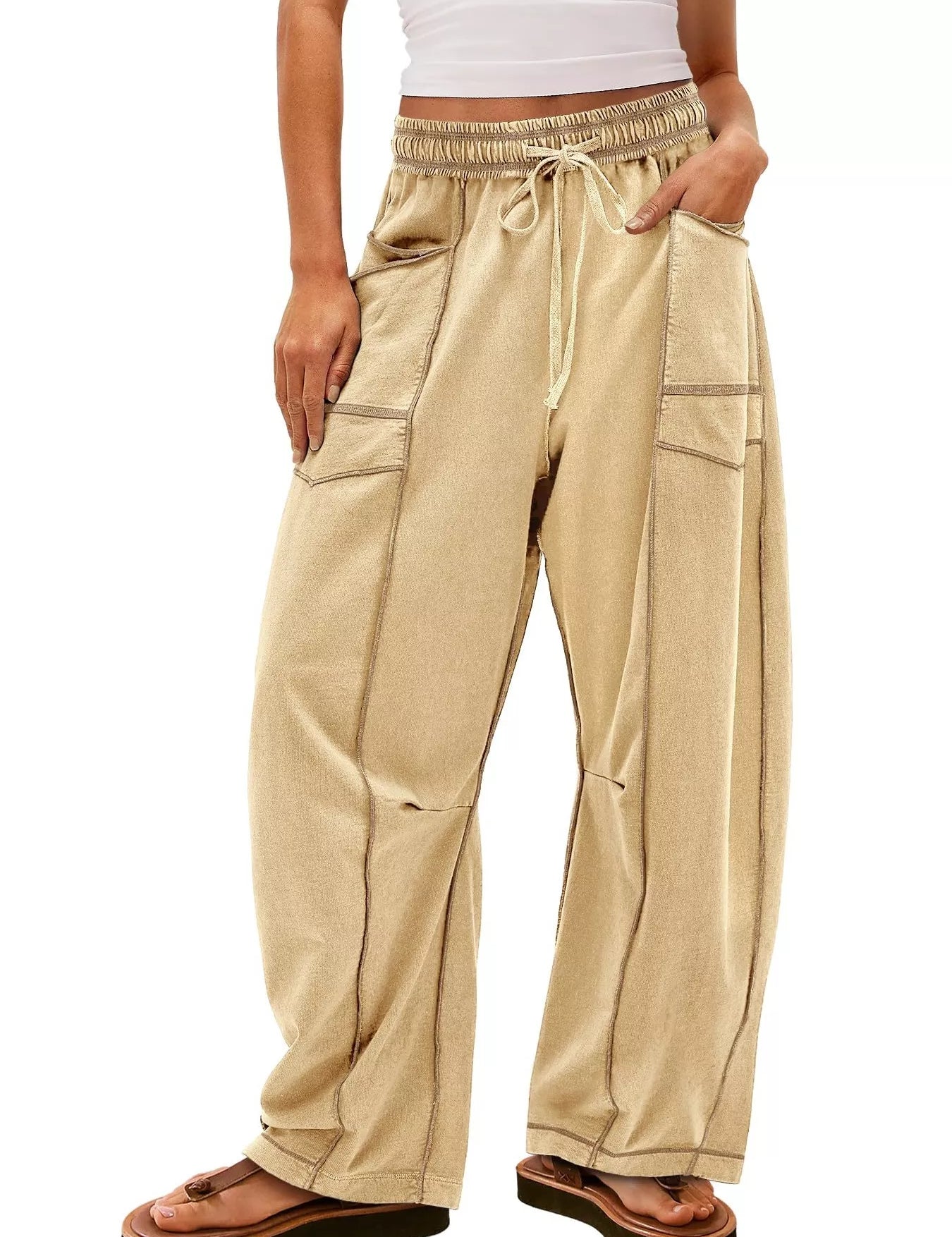 Khaki Drawstring Wide Leg Elastic Waist Pants | Pants Daverri Fashions