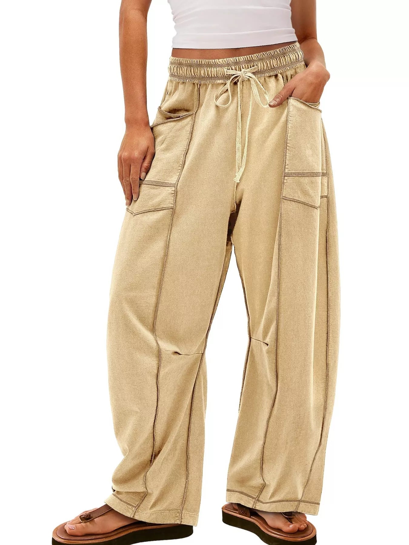 Khaki Drawstring Wide Leg Elastic Waist Pants | Pants Daverri Fashions