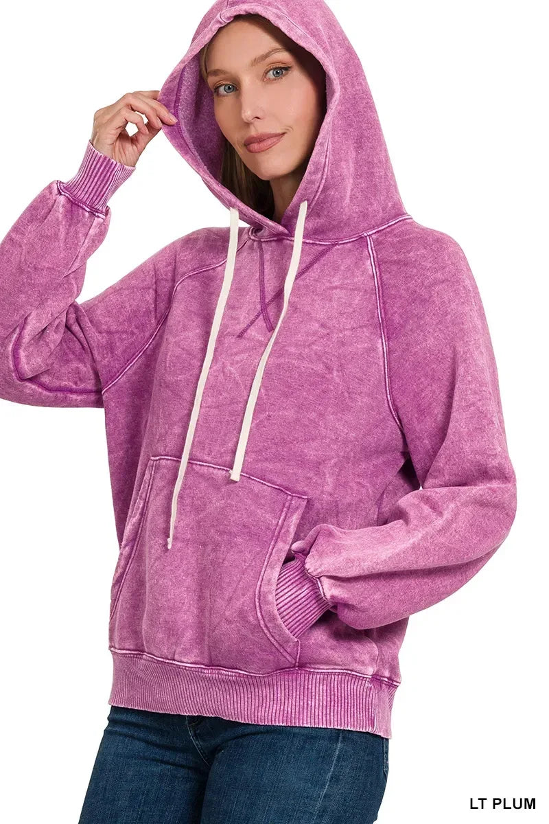 Zenana Acid Wash Fleece Hoodie with Kangaroo Pocket Lt Plum - DAVERRI FASHIONS