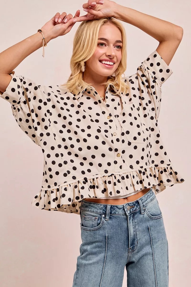 BiBi Polka Dot Printed Peplum Top with Front Button | Blouses Daverri Fashions