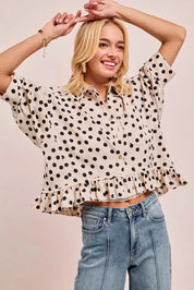 BiBi Polka Dot Printed Peplum Top with Front Button | Blouses Daverri Fashions