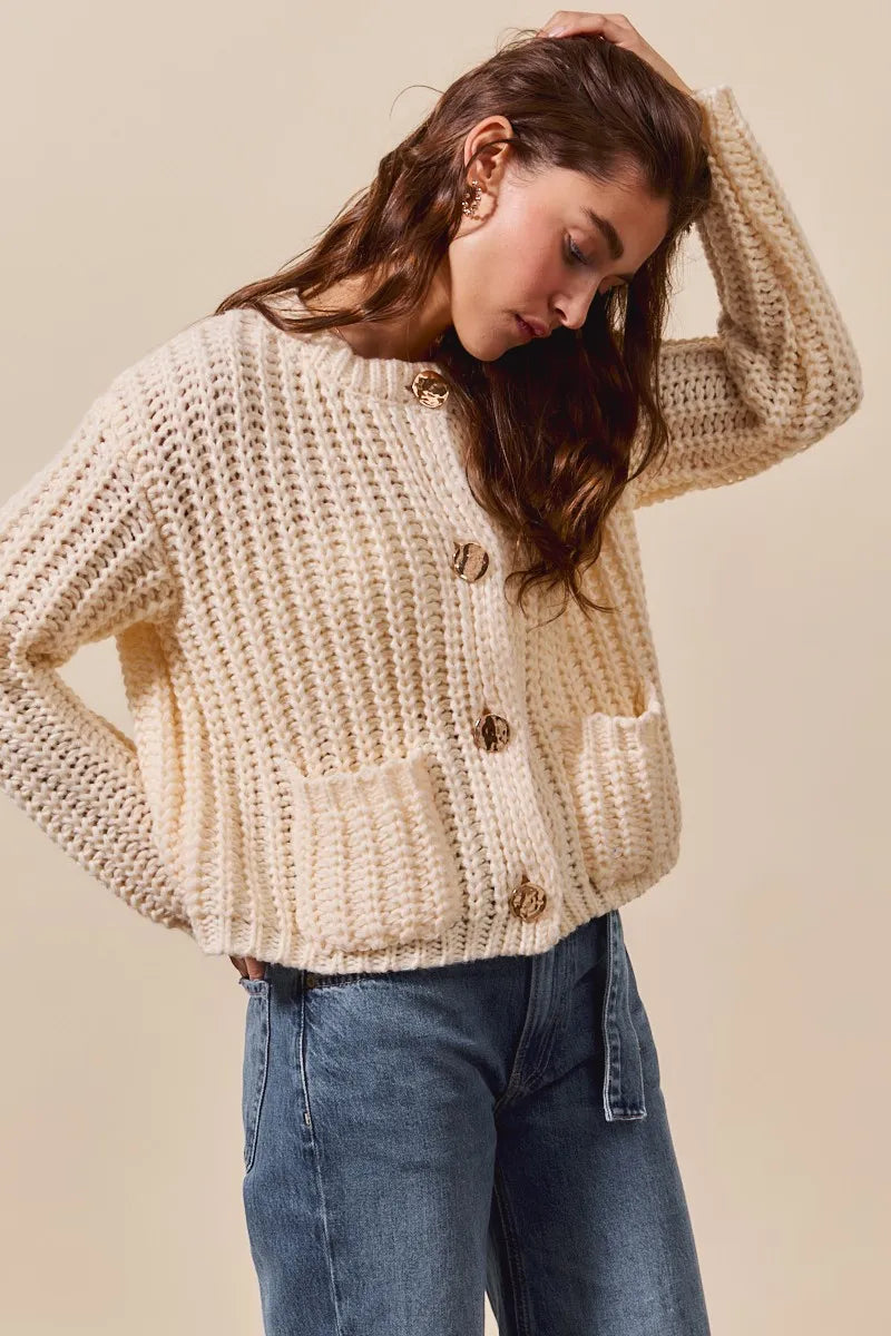 SO ME Metal Button Long Sleeve Chunky Sweater Cardigan Cardigans