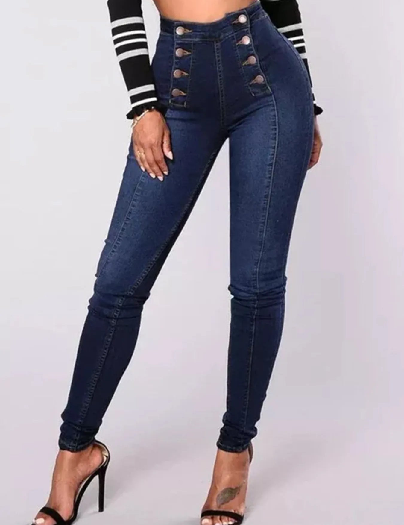 Dark Blue Full Size High-Waisted Double-Breasted Skinny Jeans Plus Size | Jeans Daverri Fashions