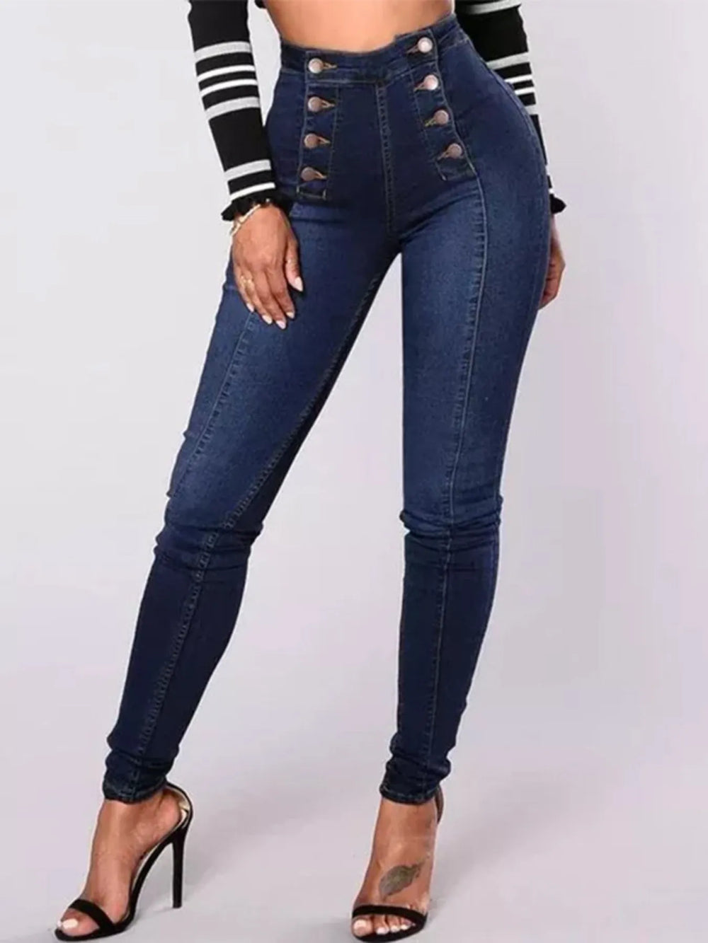 Dark Blue Full Size High-Waisted Double-Breasted Skinny Jeans Plus Size | Jeans Daverri Fashions