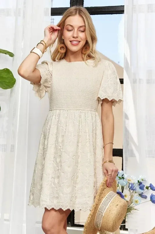 ADORA Rround Neck Crinkle Babydoll Dress - DAVERRI FASHIONS