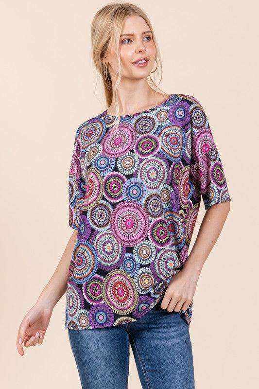 BOMBOM Printed Round Neck Half Sleeve Top - DAVERRI FASHIONS