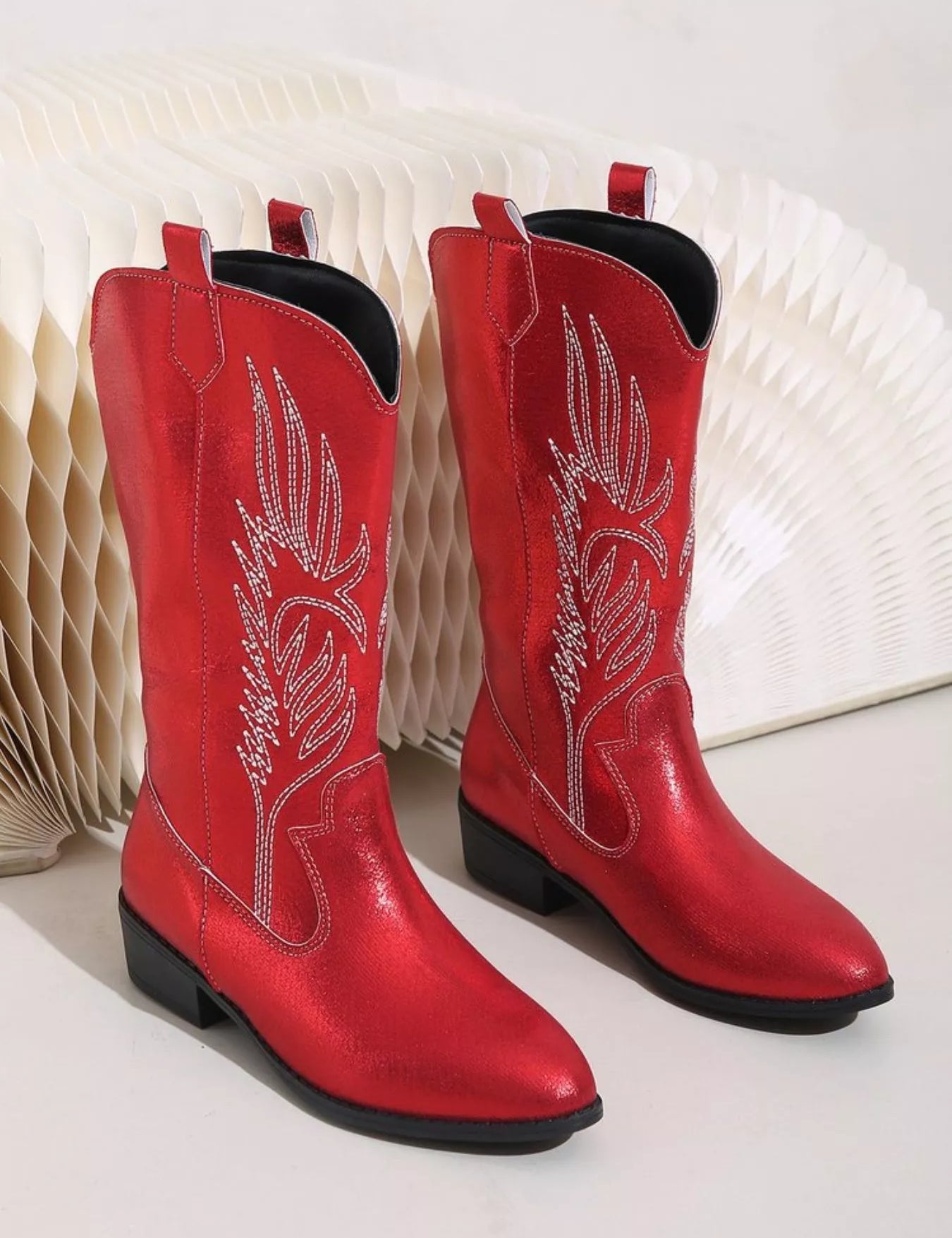 Red Embroidered Block Heels Boots | Boots Daverri Fashions