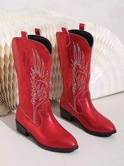 Red Embroidered Block Heels Boots | Boots Daverri Fashions