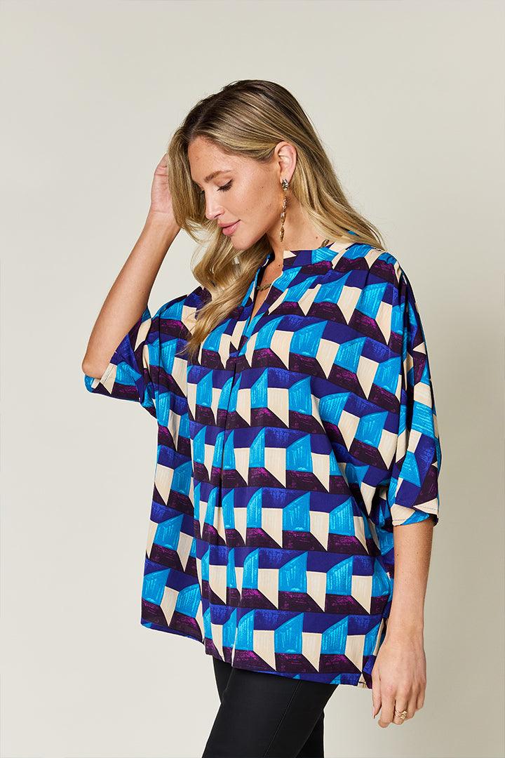 Double Take Full Size Geometric Notched Half Sleeve Blouse Shirts & Tops