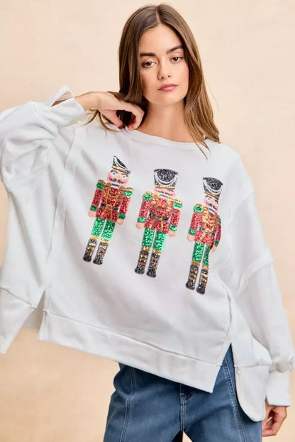 BiBi Christmas Sequin Nutcrackers Embroidery Sweatshirt - DAVERRI FASHIONS