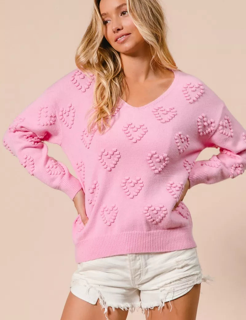 BiBi Valentines Heart Pompom V Neck Knit Top | Knit Tops Daverri Fashions