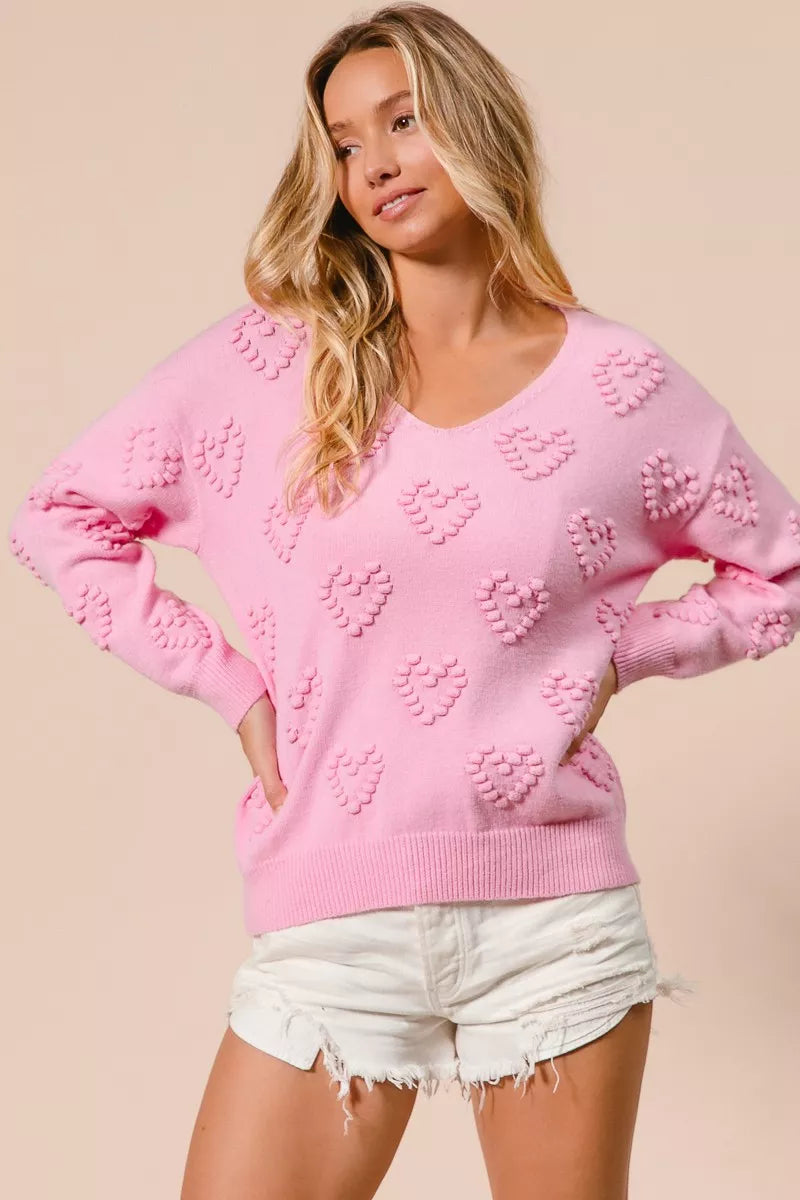 BiBi Valentines Heart Pompom V Neck Knit Top | Knit Tops Daverri Fashions