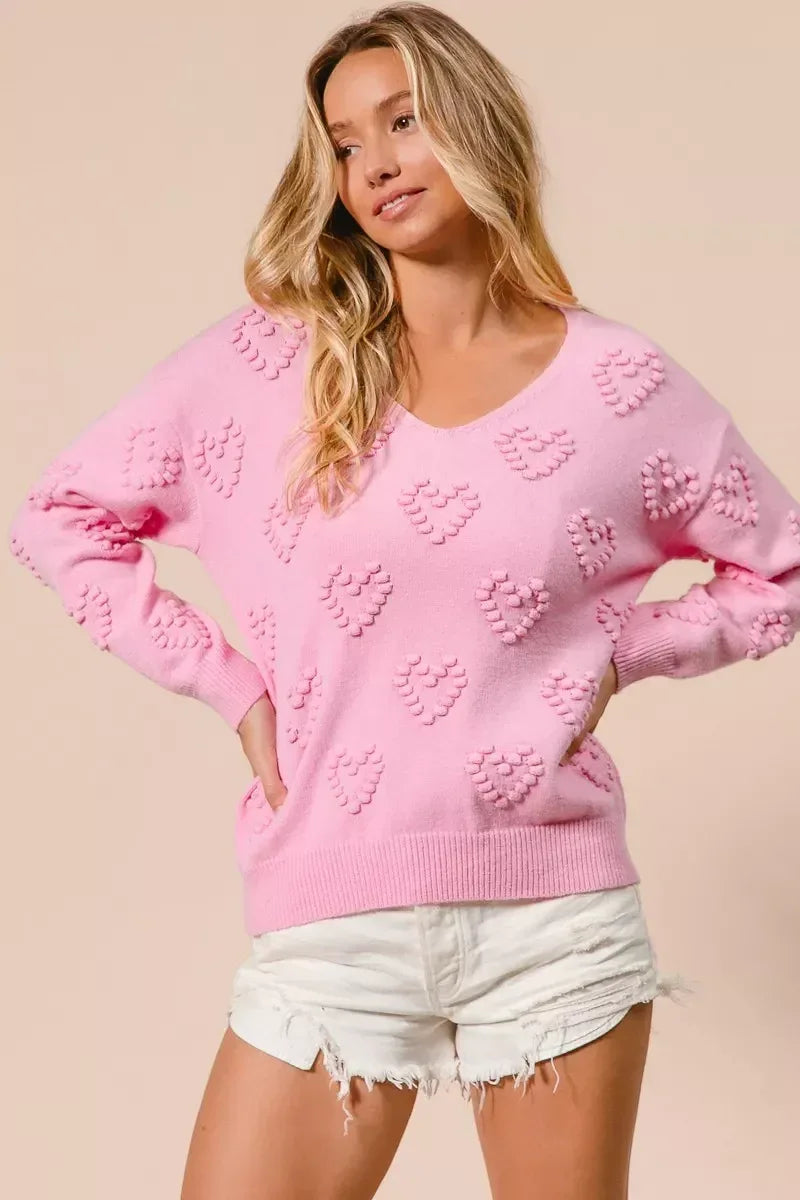 BiBi Valentines Heart Pompom V Neck Knit Top - DAVERRI FASHIONS