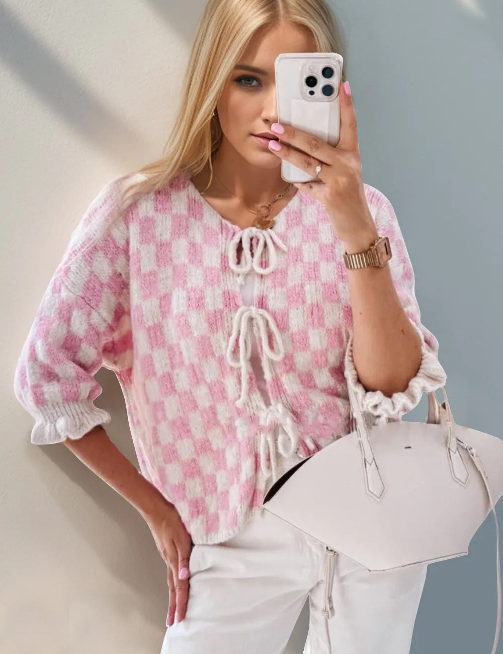 Double Take Tied Checkered Dropped Shoulder Flounce Sleeve Cardigan | Cardigans Daverri Fashions