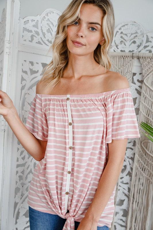 STRIPE OFF SHOULDER BUTTON DOWN TOP Shirts & Tops