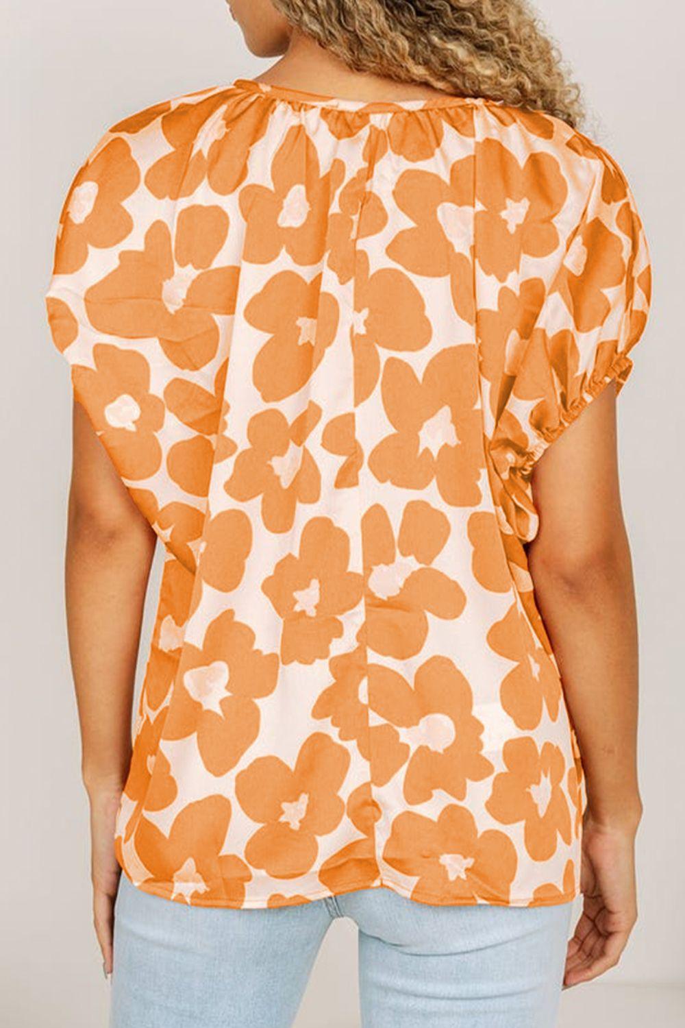 Printed Tie Neck Short Sleeve Blouse Shirts & Tops