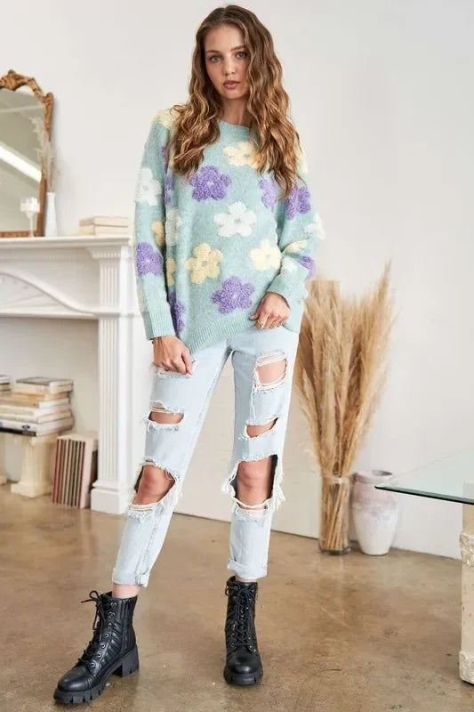 ADORA Floral Popped 2-Tone Sweater Top - DAVERRI FASHIONS