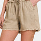 Zenana Washed Linen Frayed Hem Drawstring Shorts Beige Shorts