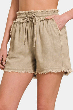 Zenana Washed Linen Frayed Hem Drawstring Shorts - DAVERRI FASHIONS