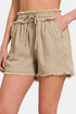 Zenana Washed Linen Frayed Hem Drawstring Shorts Beige Shorts