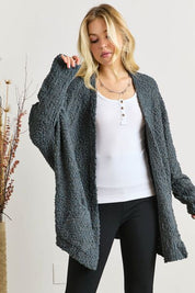 ADORA Popcorn Knit Open Front Long Sleeve Cardigan DARK OLIVE One Size