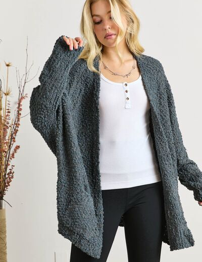 ADORA Popcorn Knit Open Front Long Sleeve Cardigan DARK OLIVE One Size