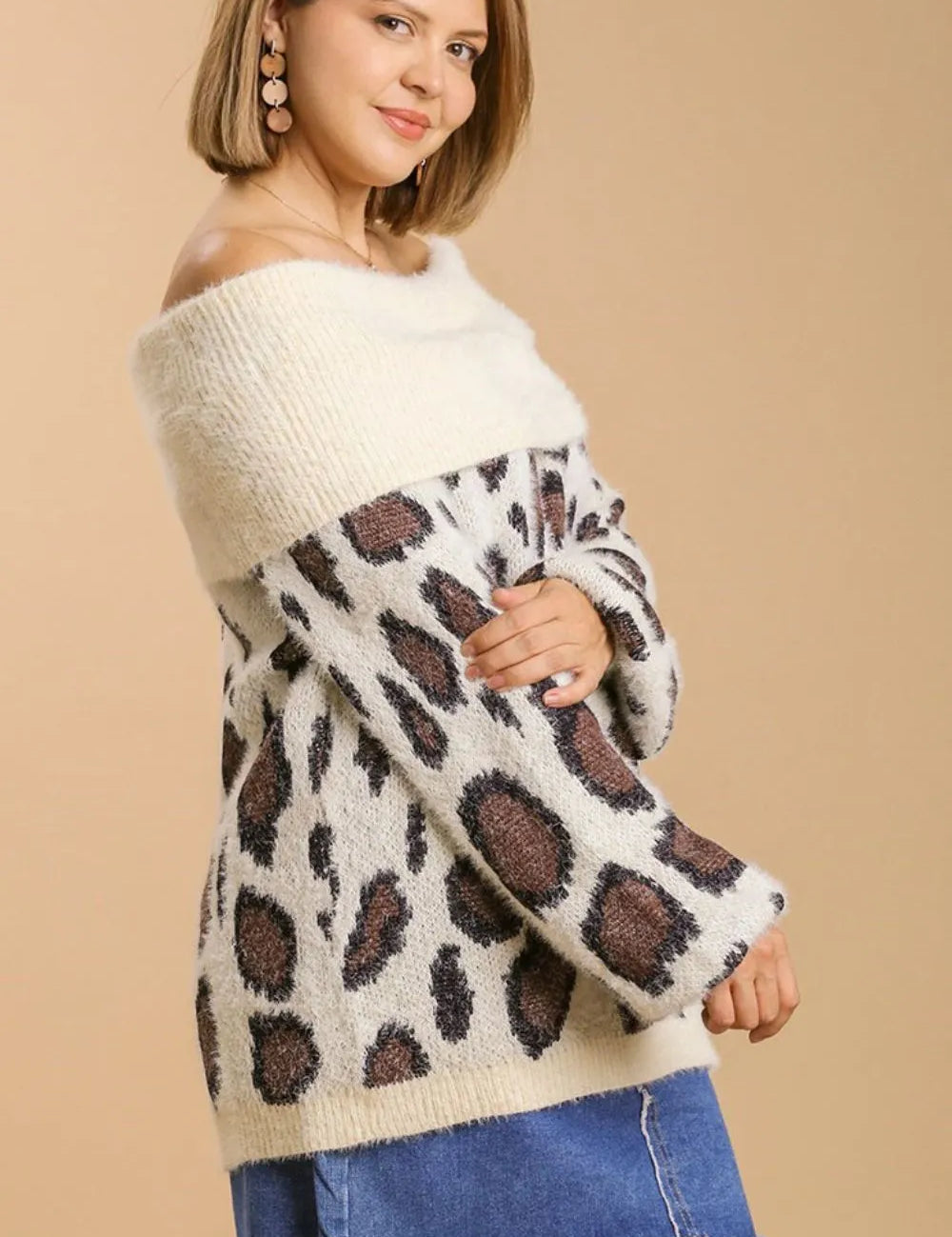 Umgee Plus Size Leopard Off-Shoulder Long Sleeve Sweater | Sweaters Daverri Fashions