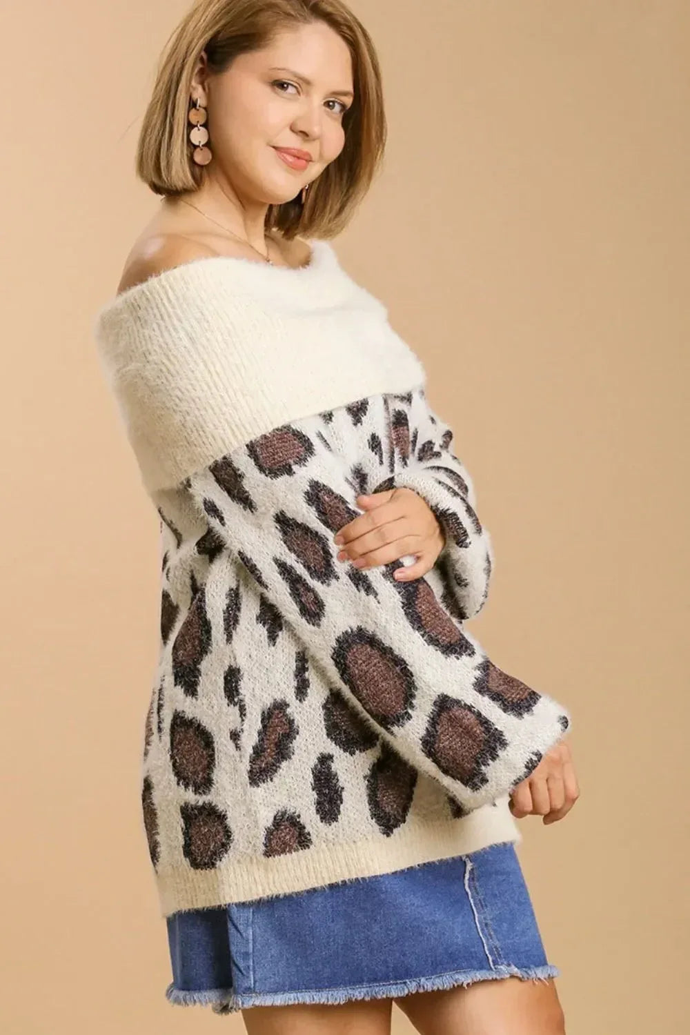 Umgee Plus Size Leopard Off-Shoulder Long Sleeve Sweater - DAVERRI FASHIONS