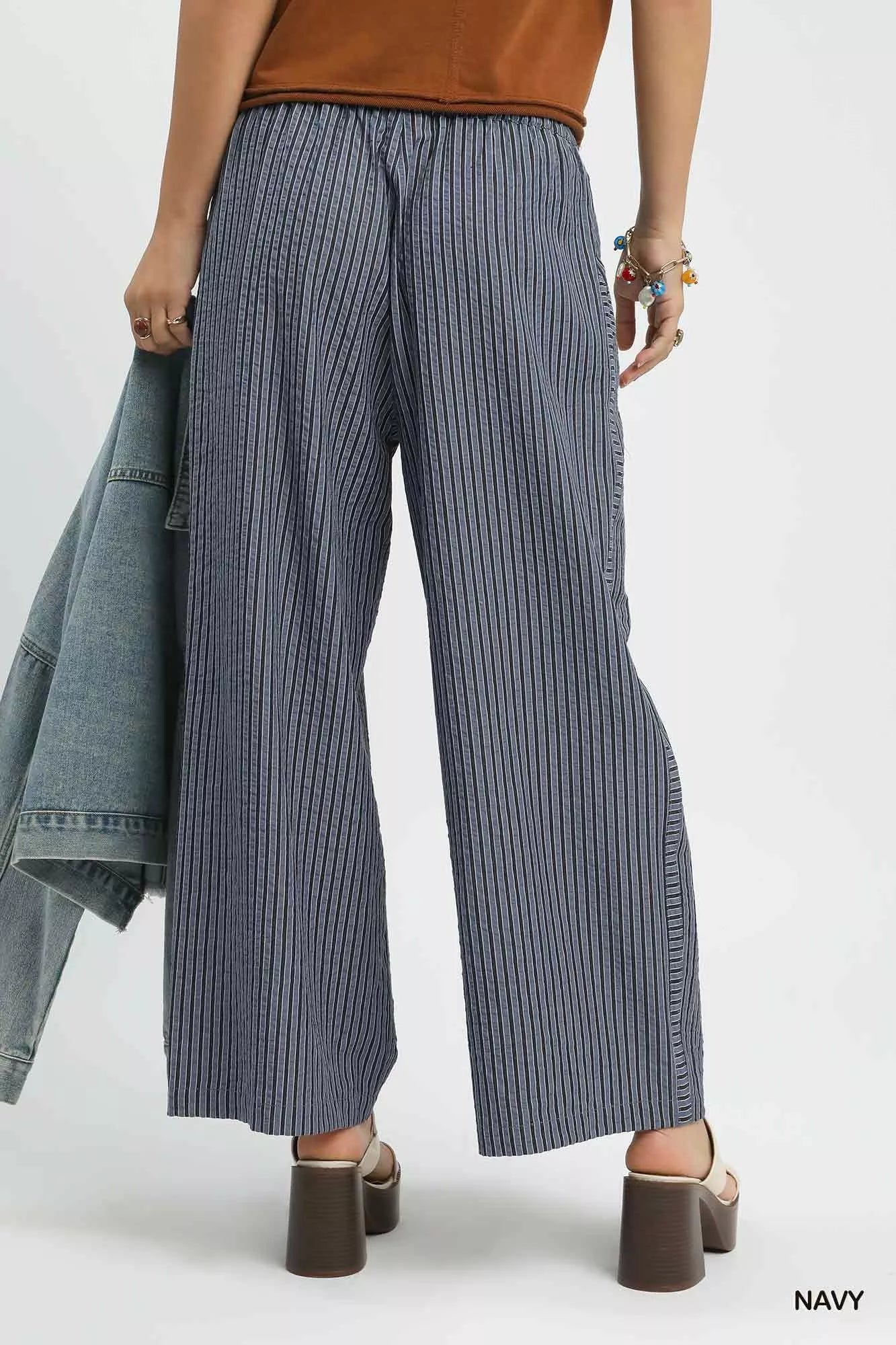 Navy and white striped Umgee drawstring wide-leg pants