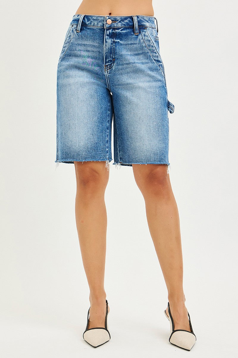 RISEN high-rise Bermuda denim shorts in medium blue wash with frayed hems