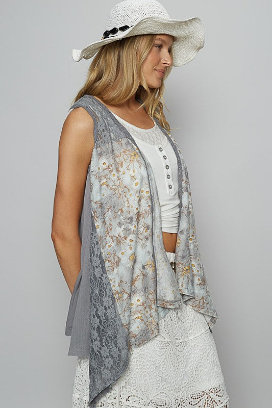 POL Lace Patchwork Floral Open Front Sleeveless Cardigan Cardigans