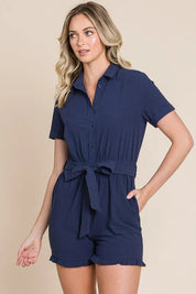 Lime 'N' Chili Collared Button Down Romper with Tie Belt | Rompers Daverri Fashions