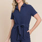 Lime 'N' Chili Collared Button Down Romper with Tie Belt Rompers