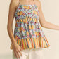 Davi & Dani floral smocked sleeveless ruffle halter top with striped hem