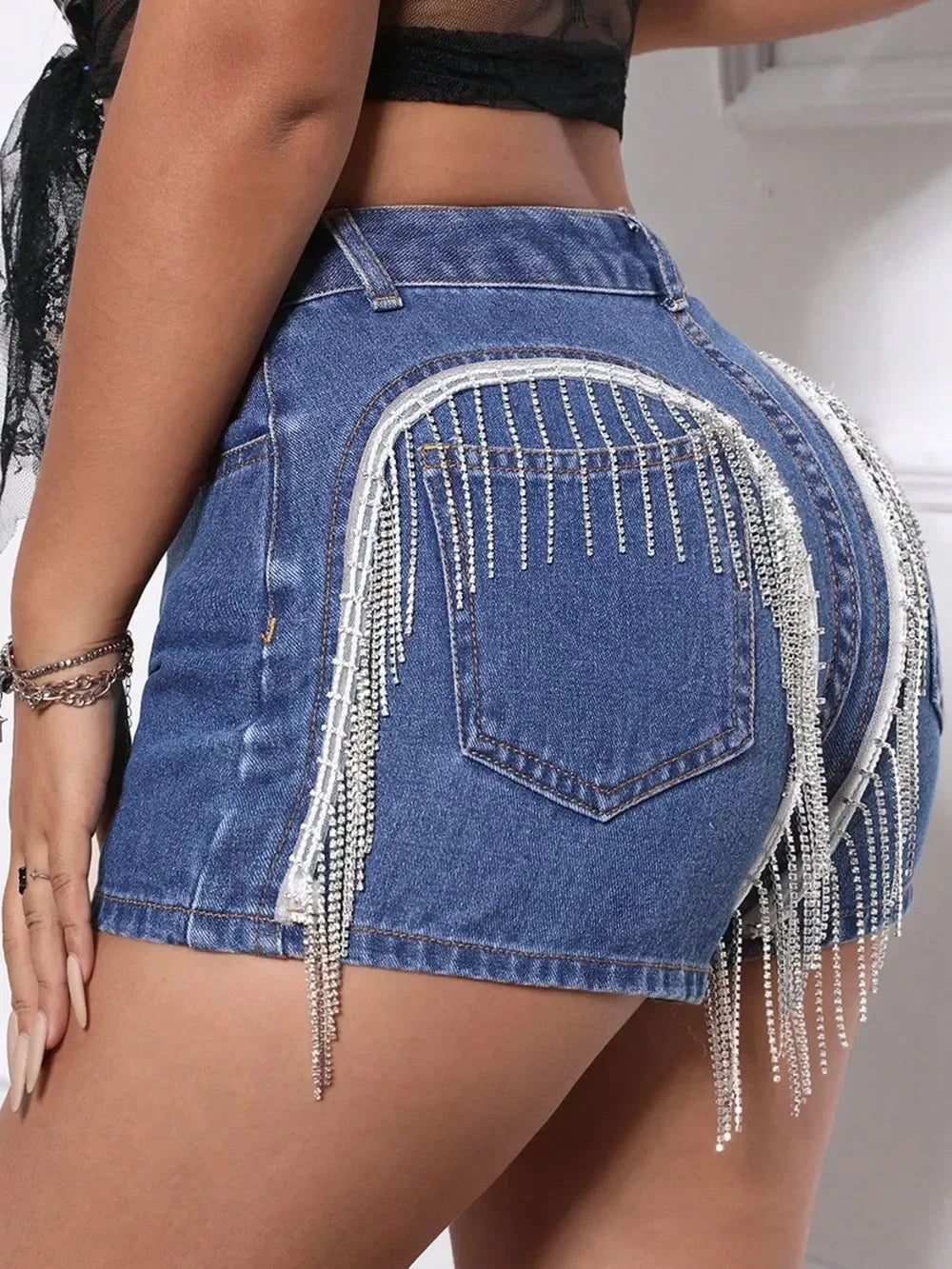 Fringe Back Denim Shorts with Pockets - DAVERRI FASHIONS