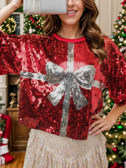 Burgundy Sequin Bow Graphic Round Neck Half Sleeve T-Shirt | T-Shirts Daverri Fashions