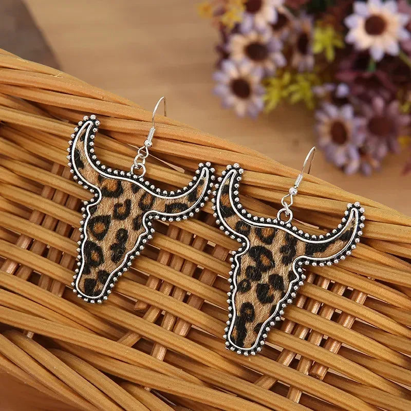 Alloy Animal Print Cow Head Earrings - DAVERRI FASHIONS
