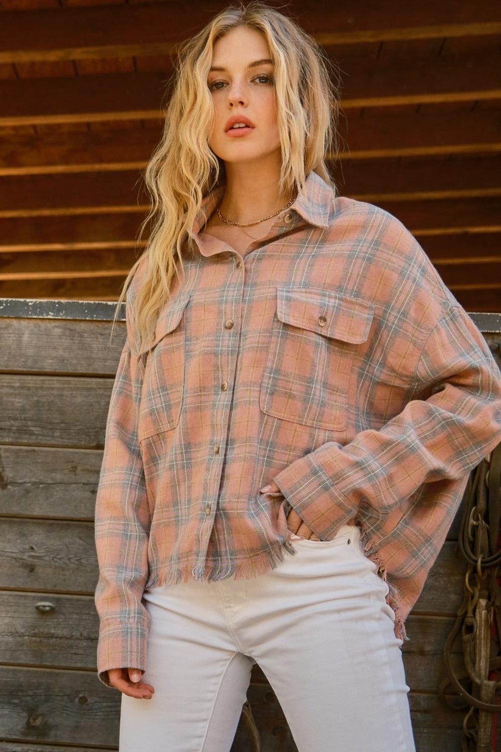 And The Why Full Size Plaid Button Up Raw Hem Shirt Shirts