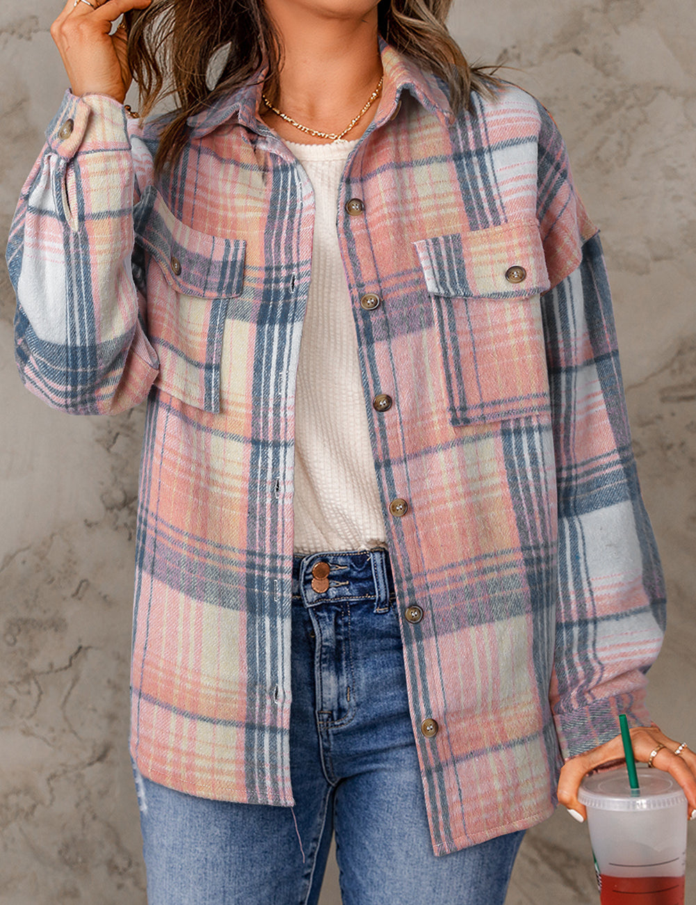 Pink 100%Polyester Brown Plaid Flap Pockets Shacket | Shackets Daverri Fashions