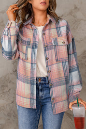 Pink 100%Polyester Brown Plaid Flap Pockets Shacket | Shackets Daverri Fashions