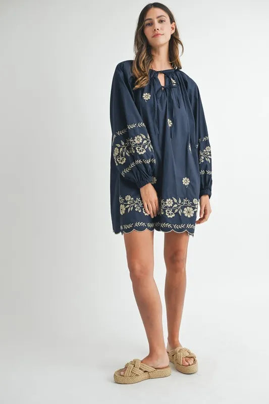 MABLE Embroidered Long Sleeve Peasant Mini Dress Mini Dresses
