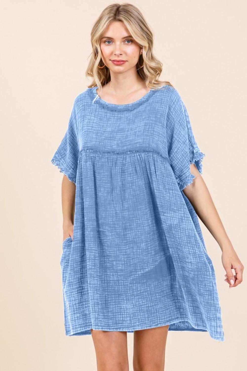 Culture Code Short Sleeve Babydoll Texture Dress with Pockets New Dusty Blue Babydoll Dresses