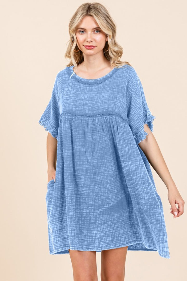 Culture Code Short Sleeve Babydoll Texture Dress with Pockets New Dusty Blue Babydoll Dresses