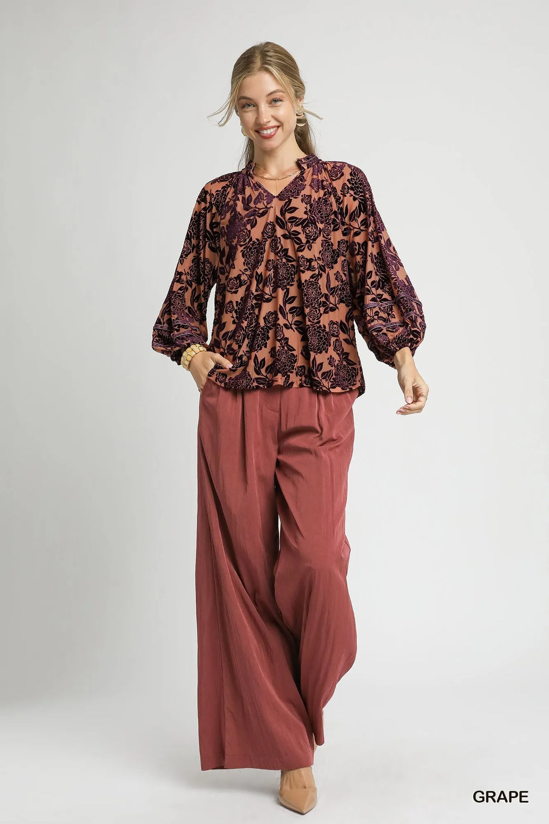 Umgee Floral Velvet Blouse with Balloon Sleeves
