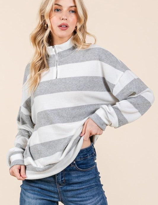 BOMBOM Striped Quarter Zip Drop Shoulder Sweatshirt | Daverri Fashions