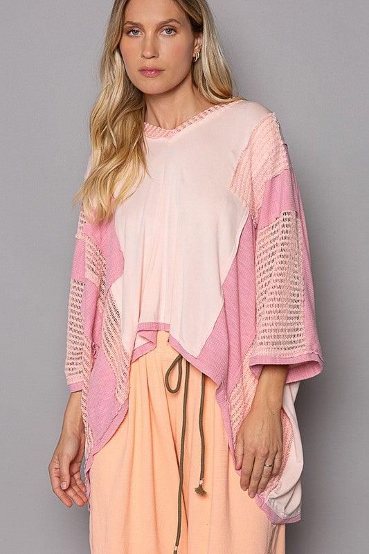 POL High-Low Contrast V-Neck Top Blush Pink S Tops