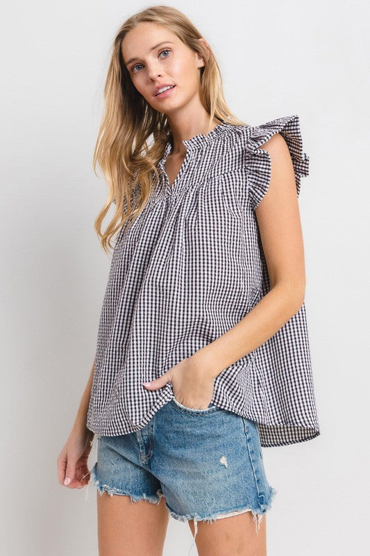 Ces Femme Plaid Notched Ruffled Cap Sleeve Blouse Blouses