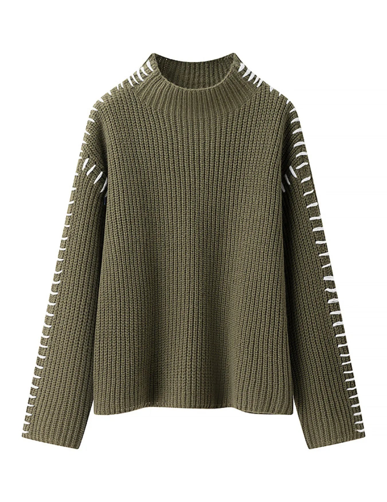 Olive green ribbed contrast mock neck long sleeve sweater with sleeve cut-outs