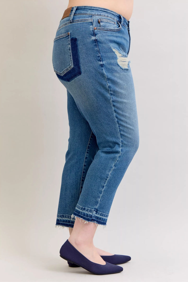 Judy Blue Full Size Mid Rise Bf Patch & Repair Destroy Release Hem Jeans Plus Size | Jeans Daverri Fashions